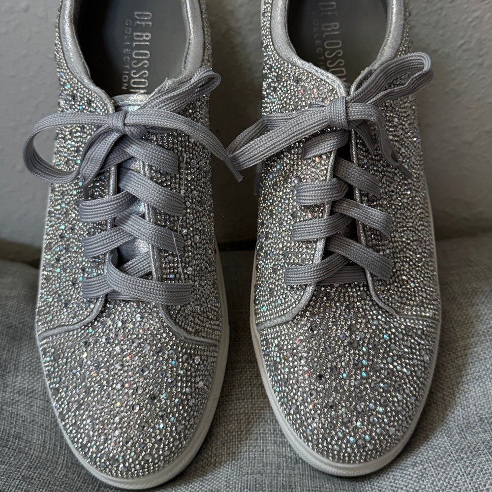 Silver Rhinestone Bedazzled Bridal Party Sneakers by De Blossom Women's 10